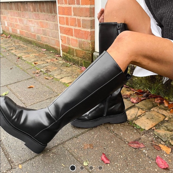 asos design christa flatform knee boots in black patent